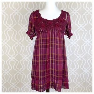 ECI Wine Plaid Rosette Babydoll Tunic Dress
